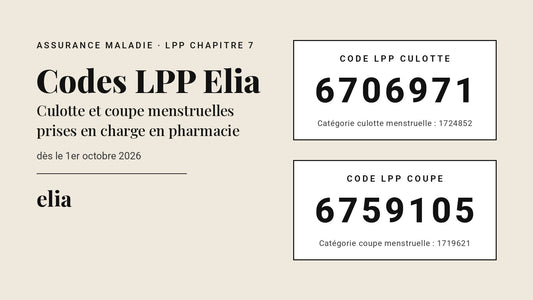 Codes LPP Elia : 6706971 pour la culotte menstruelle et 6759105 pour la coupe menstruelle
